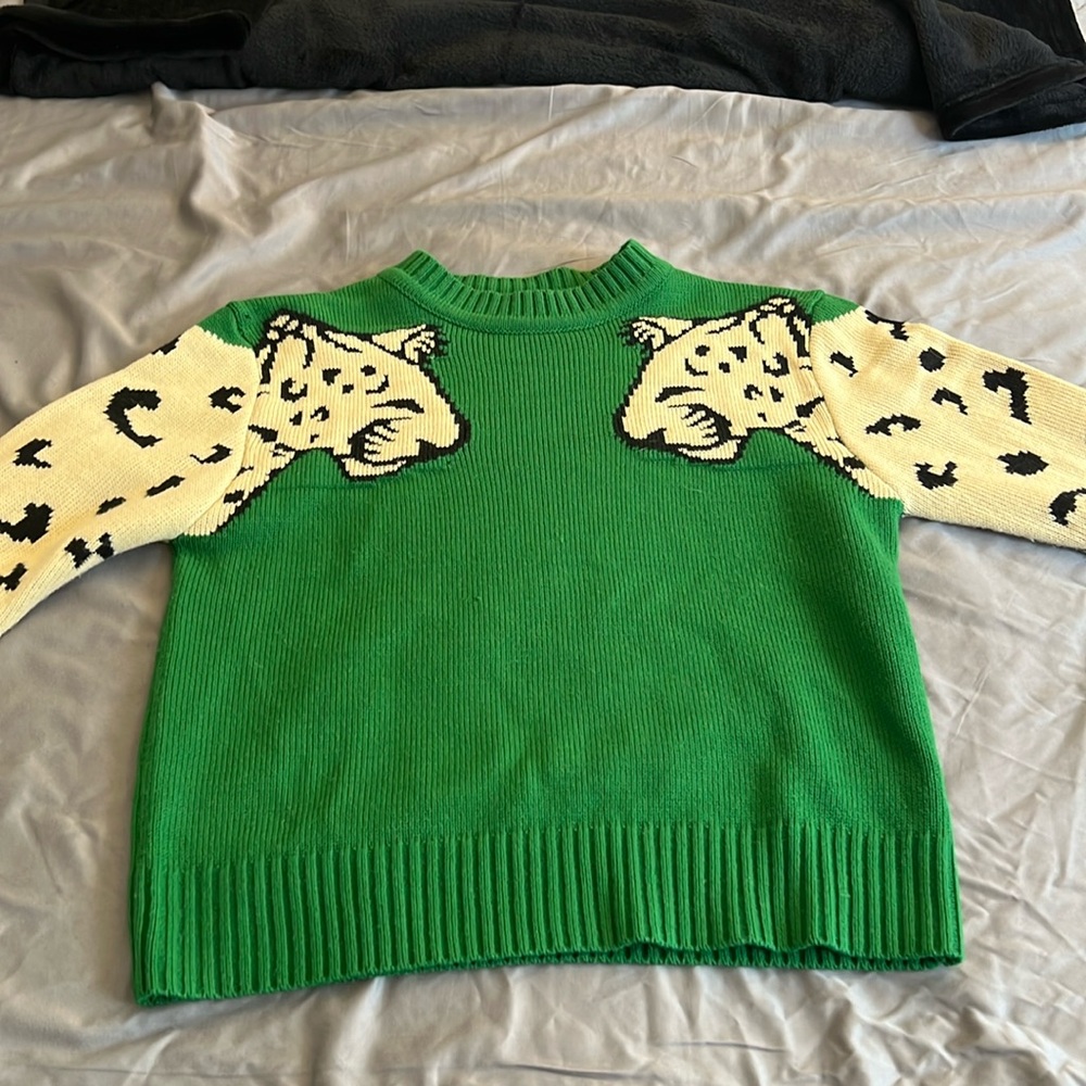Leopard Sleeve Green Sweater